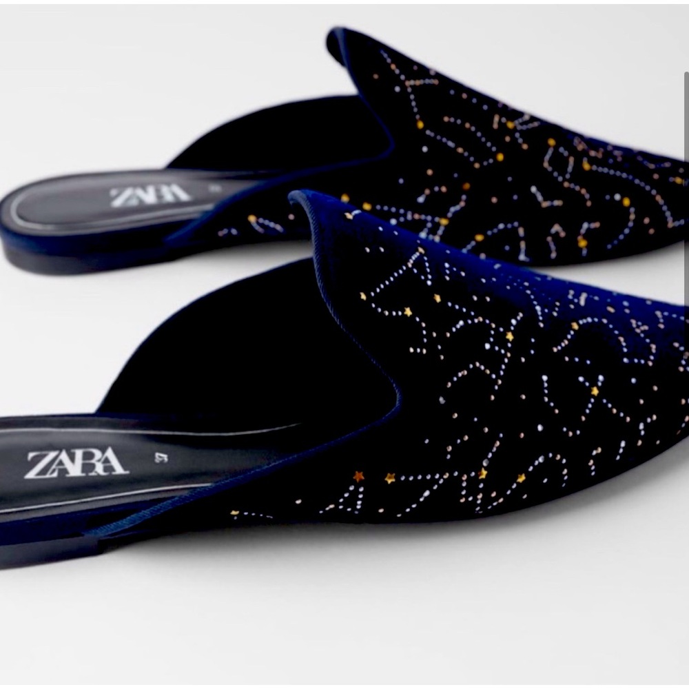 Worn Once Rare Zara blue velvet constellation mules slides size 6